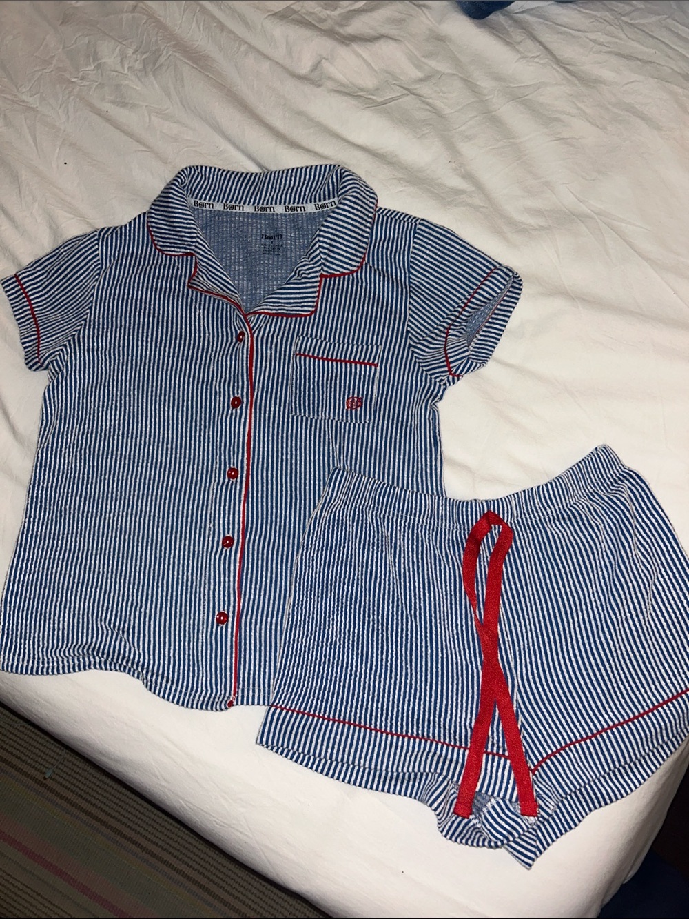 Blue Striped Born Pajama Set with Red Trim